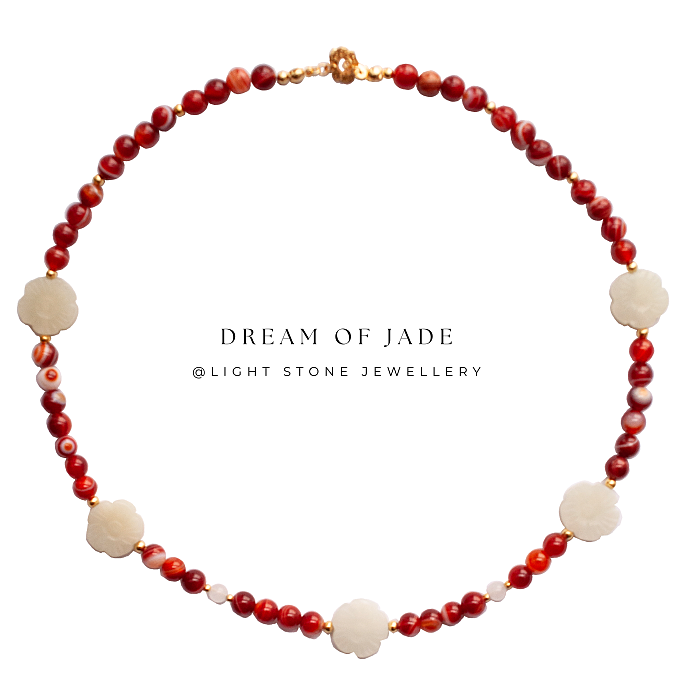 White Plum Flower Red Glow Necklace - Handcrafted Hetian Jade and Red Agate - Gold-Plated 925 Silver - Ruyi-Shaped OT Clasp - Elegant Chinese Jewelry - Light Stone Jewellery