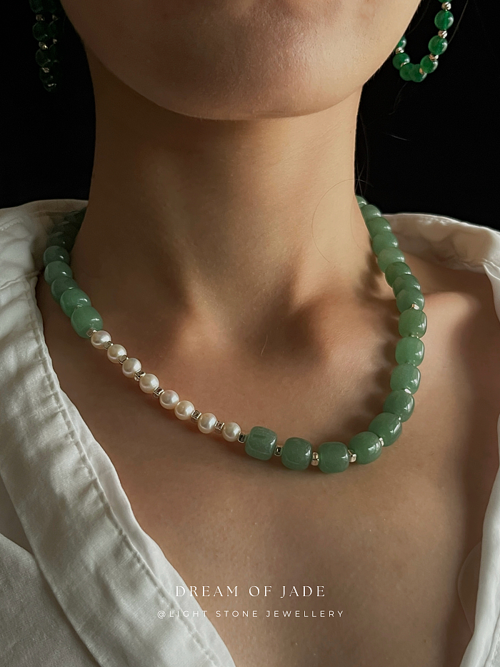 Green Apple Dongling Jade Pearl Necklace - Handcrafted Elegance - Dongling Jade and Freshwater Pearls - Chic Chinese Jewelry - Light Stone Jewellery