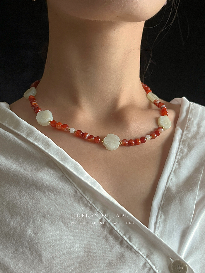 White Plum Flower Red Glow Necklace - Handcrafted Hetian Jade and Red Agate - Gold-Plated 925 Silver - Ruyi-Shaped OT Clasp - Elegant Chinese Jewelry - Light Stone Jewellery