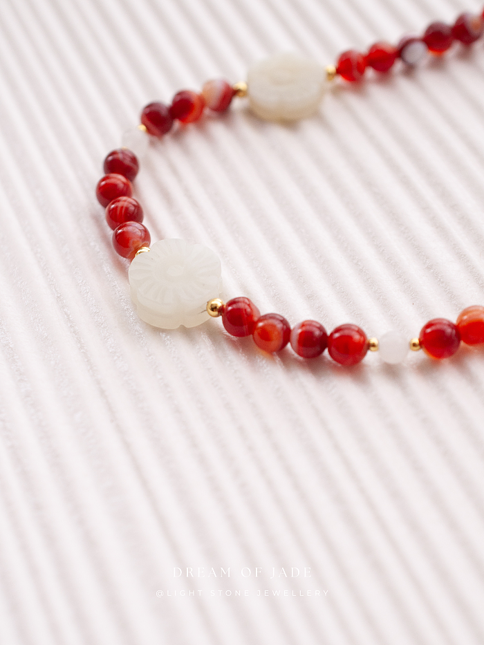 White Plum Flower Red Glow Necklace - Handcrafted Hetian Jade and Red Agate - Gold-Plated 925 Silver - Ruyi-Shaped OT Clasp - Elegant Chinese Jewelry - Light Stone Jewellery