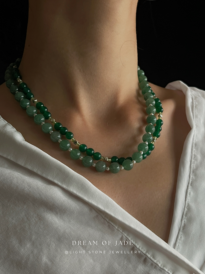 Green Elf Chalcedony Necklace - Handcrafted Jade Beaded Necklace - Green Chalcedony and Phosphorite Beads - Elegant Chinese Jewelry - Light Stone Jewellery