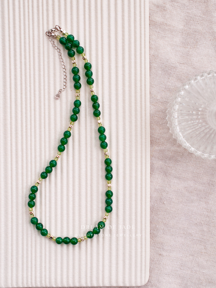 Green Elf Chalcedony Necklace - Handcrafted Jade Beaded Necklace - Green Chalcedony and Phosphorite Beads - Elegant Chinese Jewelry - Light Stone Jewellery