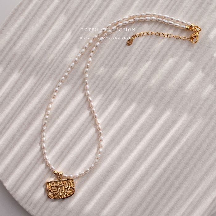 Gold Phoenix Feather - Totem - Pearl Necklace
