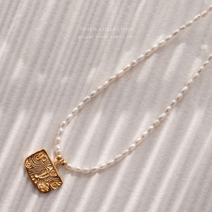Gold Phoenix Feather - Totem - Pearl Necklace