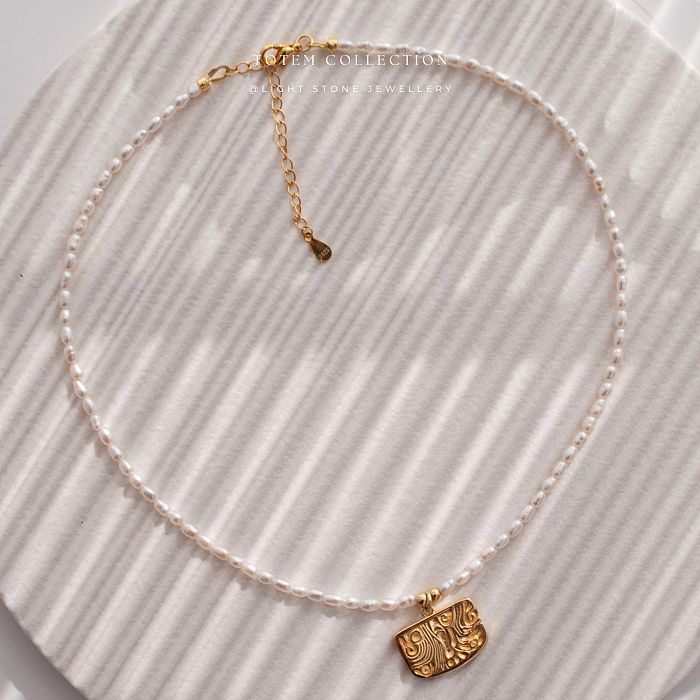 Gold Phoenix Feather - Totem - Pearl Necklace