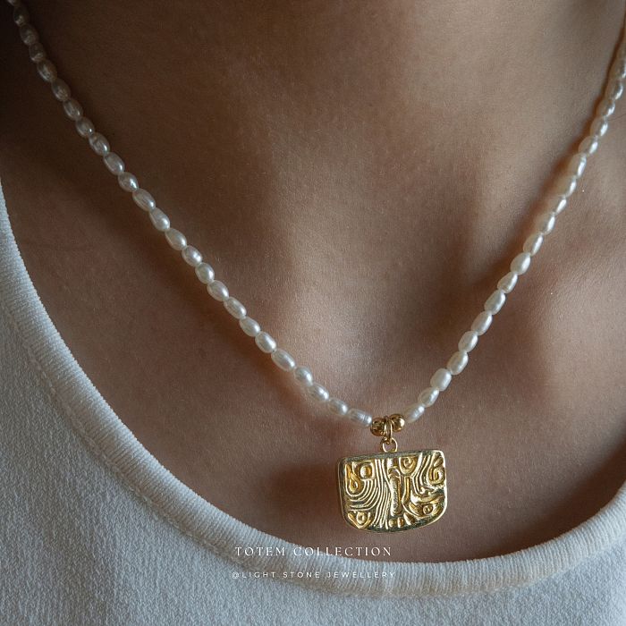 Gold Phoenix Feather - Totem - Pearl Necklace