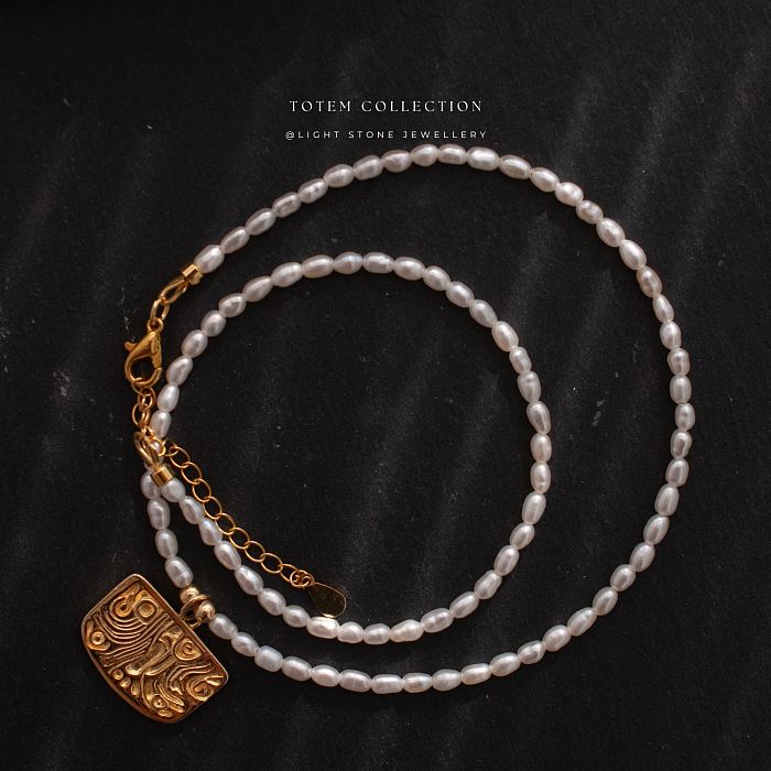 Gold Phoenix Feather - Totem - Pearl Necklace
