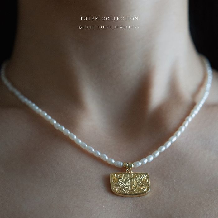Gold Phoenix Feather - Totem - Pearl Necklace