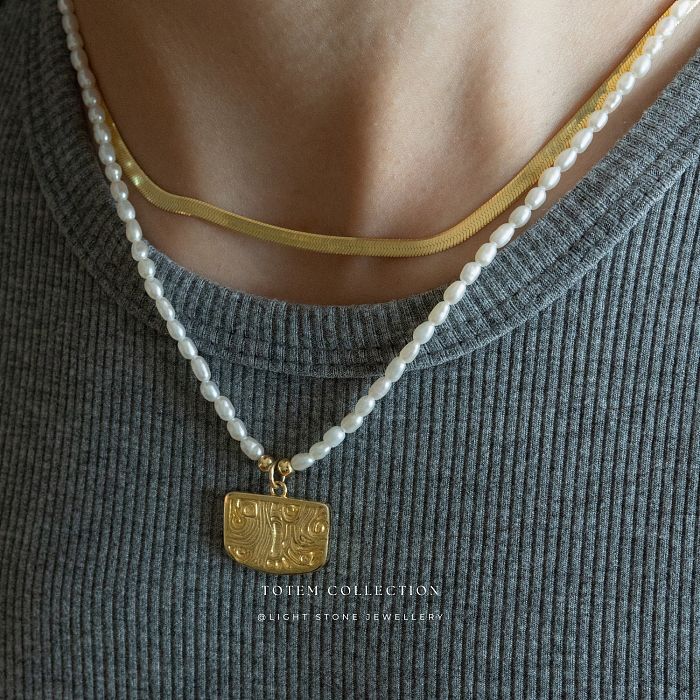 Gold Phoenix Feather - Totem - Pearl Necklace