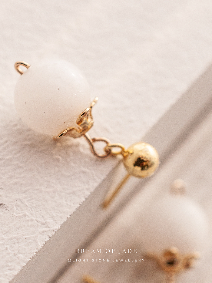 White Dew Earrings with Hetian White Jade and Gold-Plated Sterling Silver, Minimalist Design