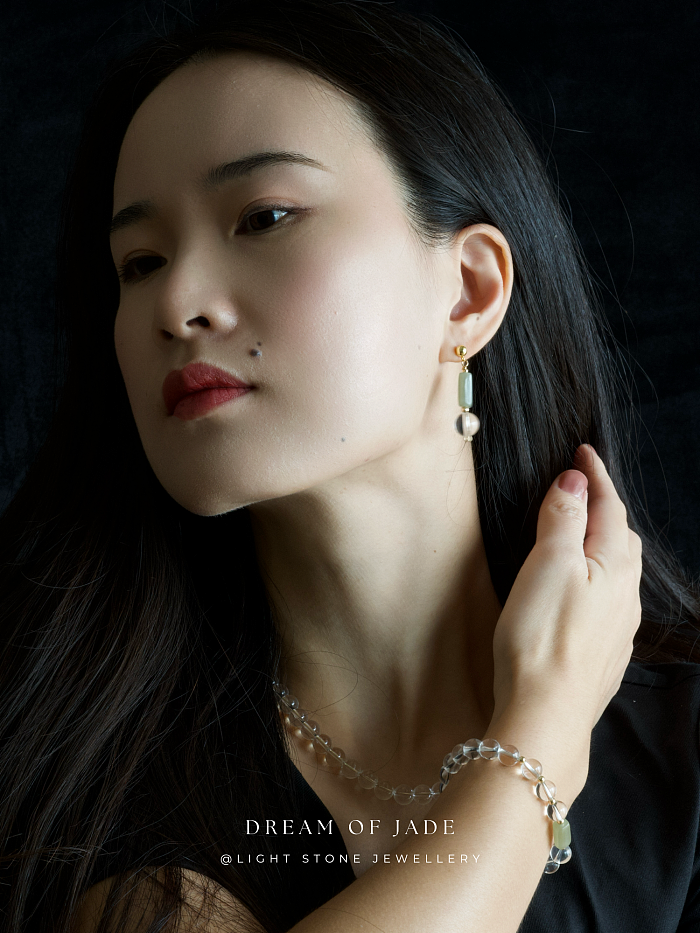 Misty Glimmer Earrings with Hetian Green Jade, Crystal, and Gold-Plated Sterling Silver