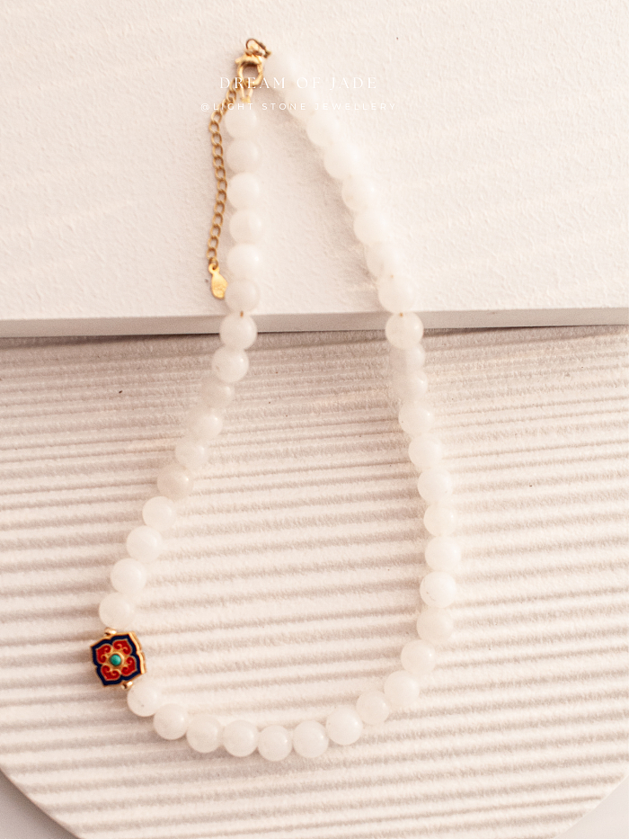 White Jade Blossom Necklace with Hetian Jade and Cloisonné Enamel, Sterling Silver Gold-Plated - Traditional Chinese Craftsmanship