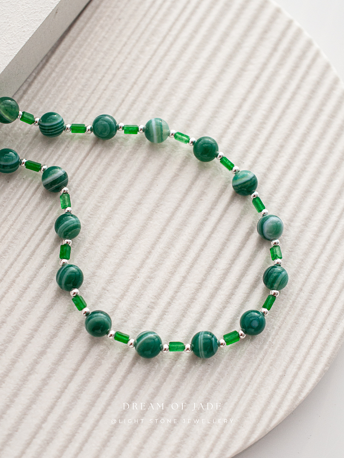 Emerald Stream｜Green Banded Agate Jade Necklace | Green Chalcedony｜Beaded Necklace