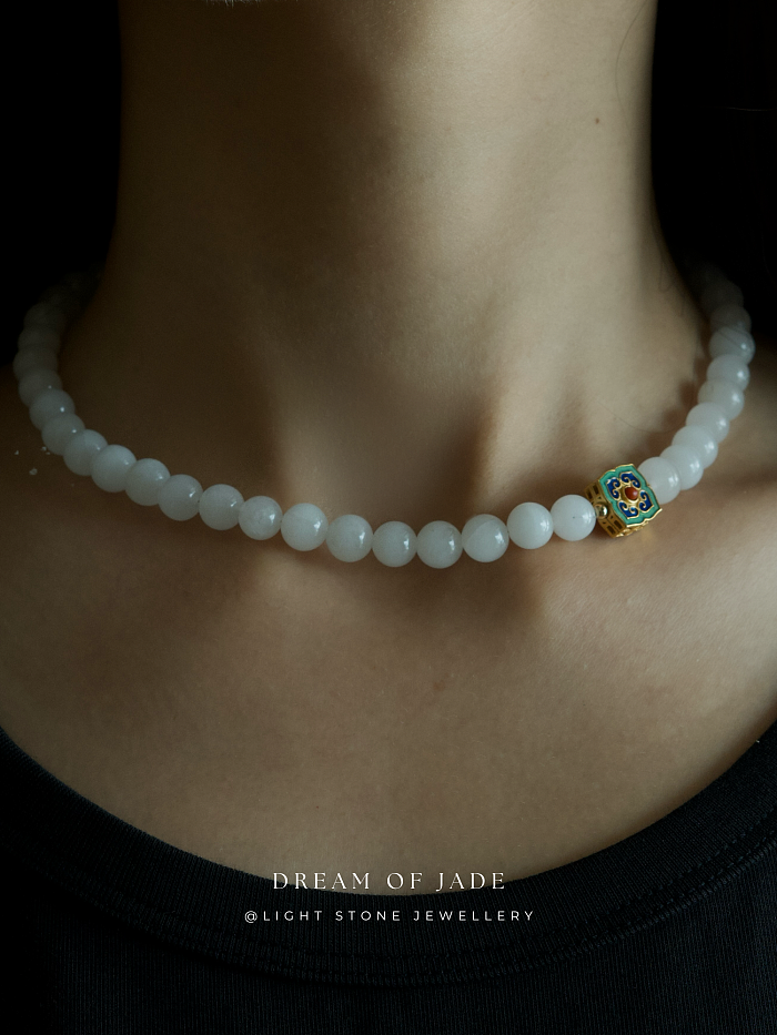 White Jade Blossom Necklace with Hetian Jade and Cloisonné Enamel, Sterling Silver Gold-Plated - Traditional Chinese Craftsmanship