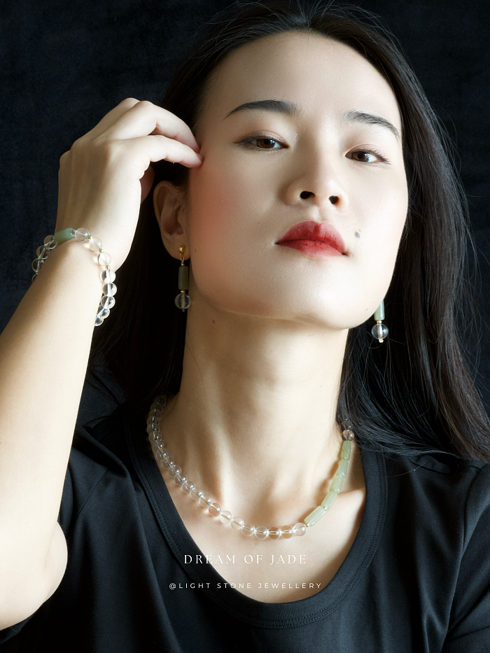 Misty Glimmer Bracelet with Hetian Green Jade, Clear Quartz, and 14k Gold-Filled Spacer Beads - Stretchable Design