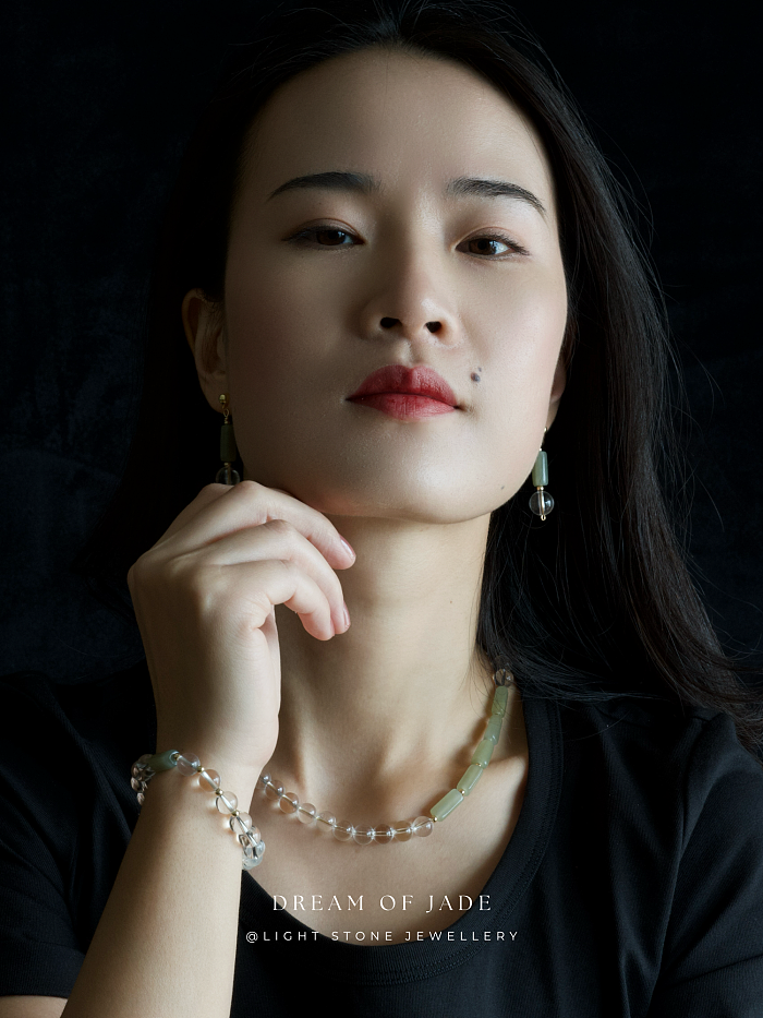 Misty Glimmer Bracelet with Hetian Green Jade, Clear Quartz, and 14k Gold-Filled Spacer Beads - Stretchable Design