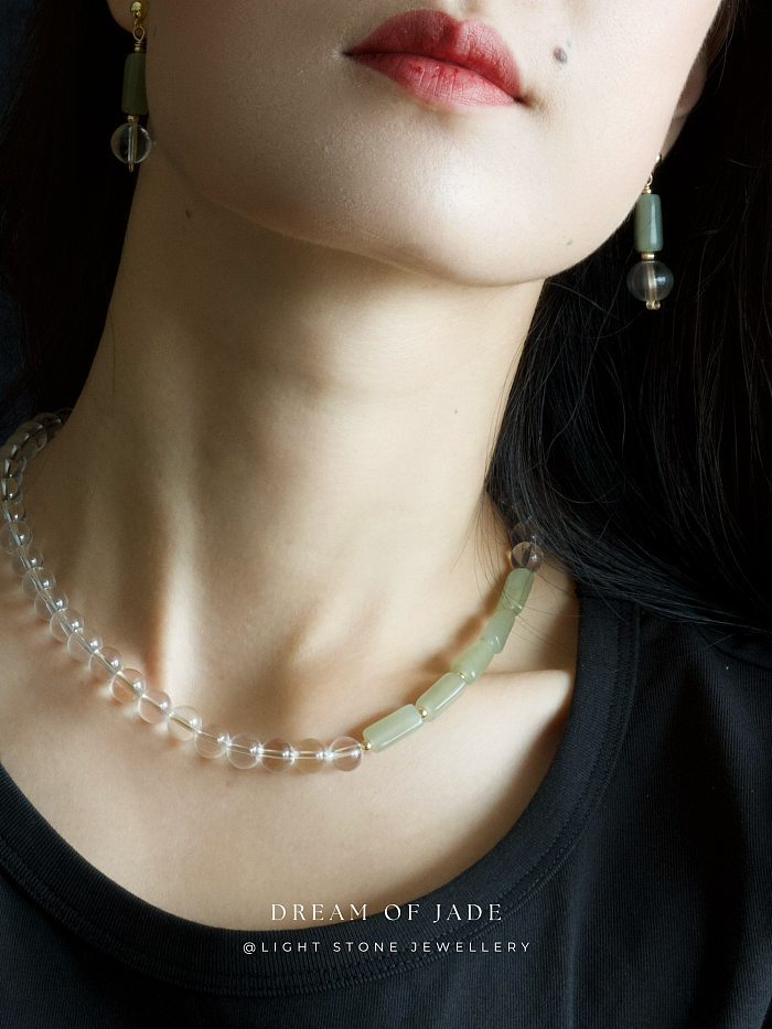Misty Glimmer Earrings with Hetian Green Jade, Crystal, and Gold-Plated Sterling Silver