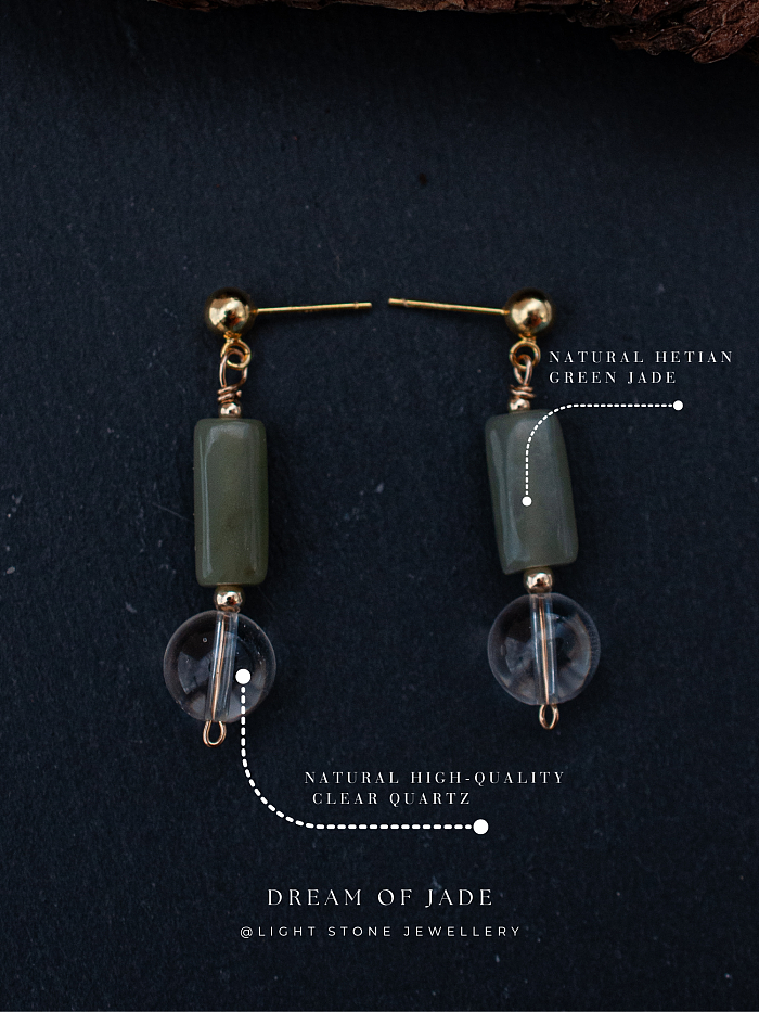Misty Glimmer Earrings with Hetian Green Jade, Crystal, and Gold-Plated Sterling Silver