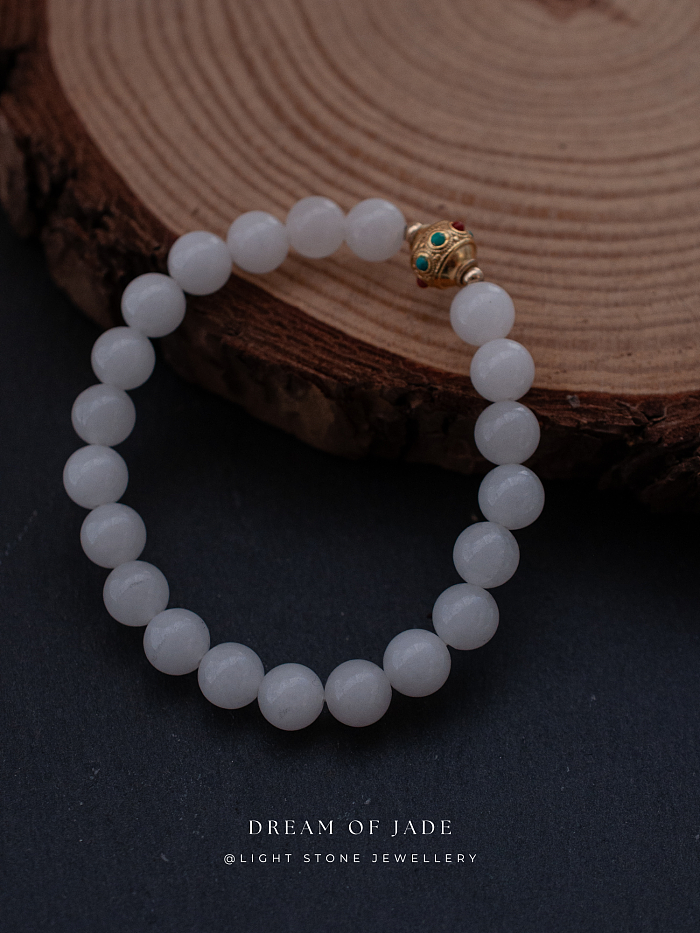 White Jade Prayer Wheel Bracelet with Hetian Jade, Gold-Plated Bead, Turquoise, and Red Agate