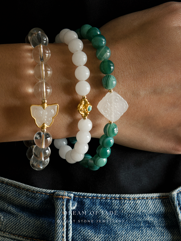Blessing Bead｜Hetian White Jade Bracelet | Turquoise Inlay｜Gold-Plated Silver