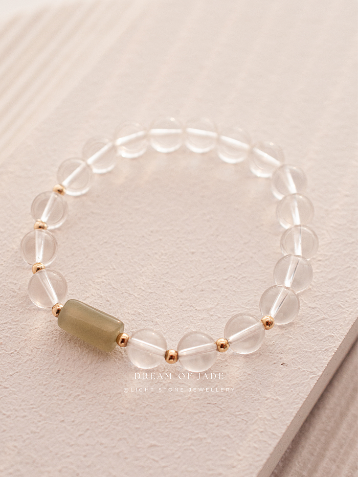 Misty Glimmer Bracelet with Hetian Green Jade, Clear Quartz, and 14k Gold-Filled Spacer Beads - Stretchable Design