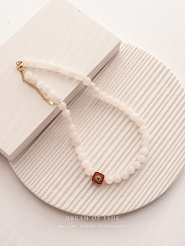 White Jade Blossom | Hetian White Jade Necklace | Cloisonné Enamel | Beaded Necklace