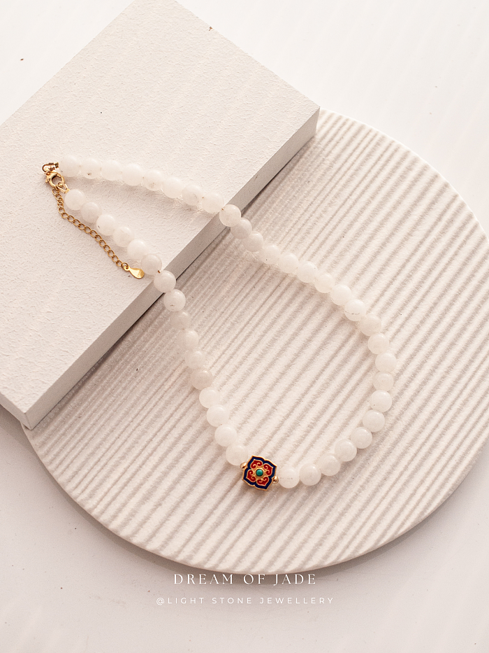 White Jade Blossom Necklace with Hetian Jade and Cloisonné Enamel, Sterling Silver Gold-Plated - Traditional Chinese Craftsmanship