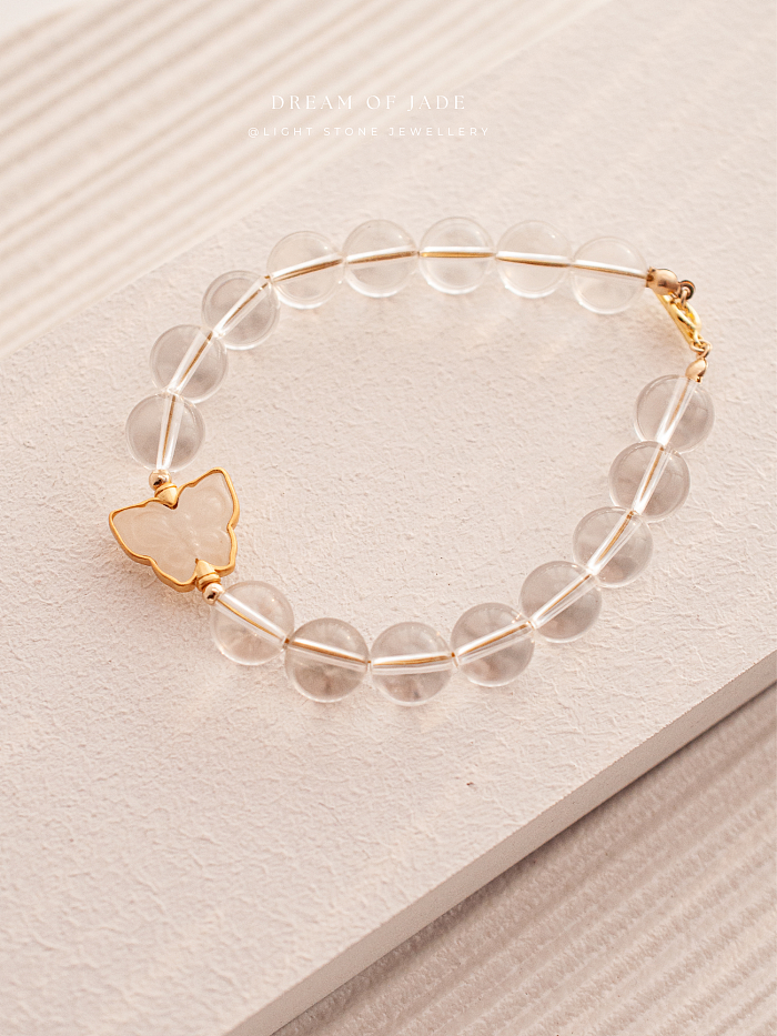 Ethereal Butterfly Bracelet with Hetian White Jade and Clear Quartz Beads, 14k Gold Accents - Handmade Jewelry