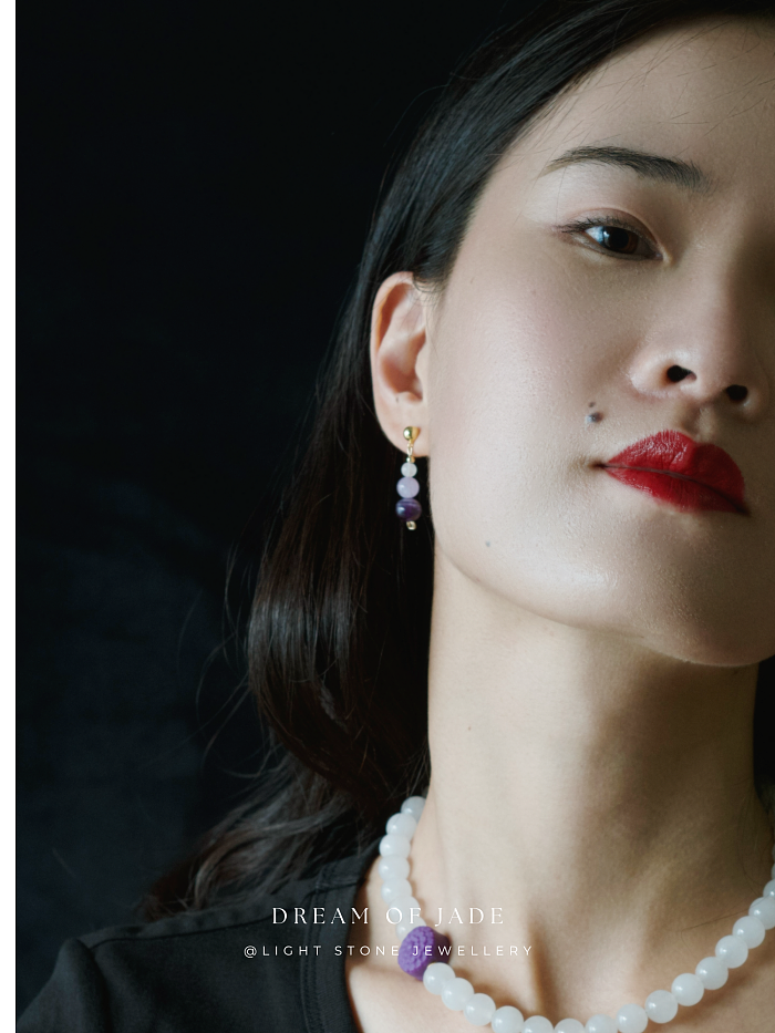 Amethyst & White Jade Earrings with Two-Toned Amethyst Beads and Hetian Jade, Gold-Plated Sterling Silver