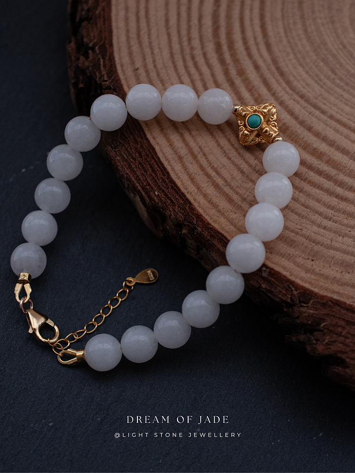 Blessing Bead｜Hetian White Jade Bracelet | Turquoise Inlay｜Gold-Plated Silver