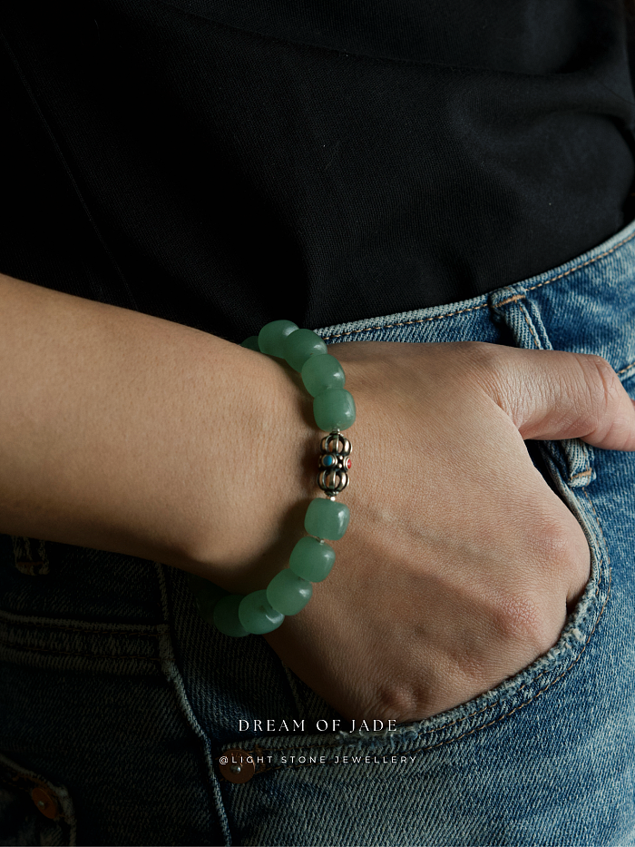 Green Apple｜Aventurine Beaded Bracelet | Dongling Jade｜Tibetan Silver Bead