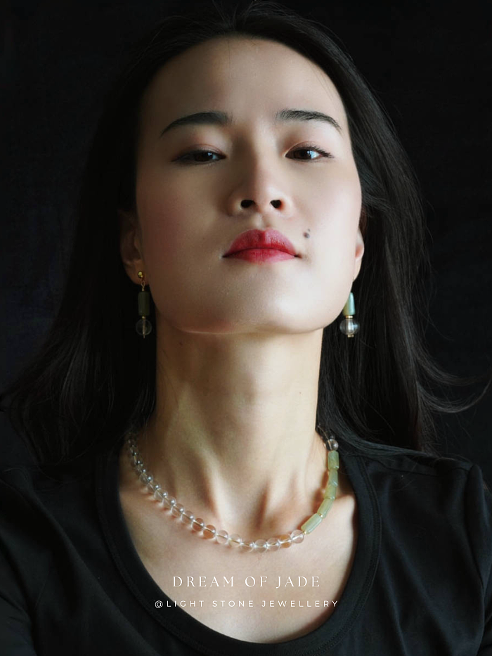 Misty Glimmer｜Hetian Green Jade Earrings | Clear Crystal｜Gold-Plated Silver
