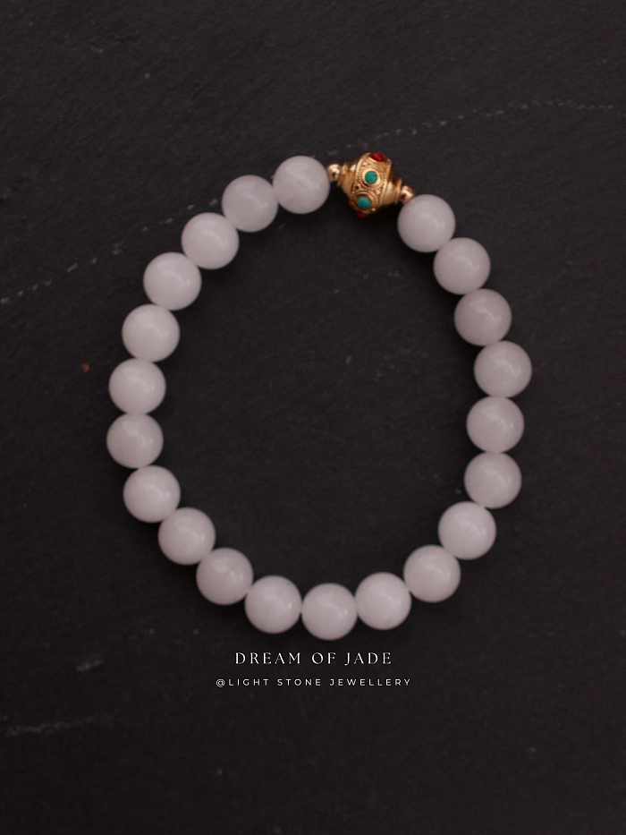 White Jade Prayer Wheel｜Hetian White Jade Bracelet | Turquoise & Red Agate｜Gold-Plated Prayer Wheel Bead