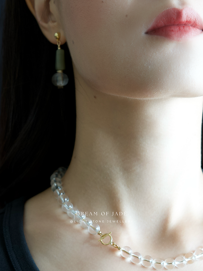 Misty Glimmer Earrings with Hetian Green Jade, Crystal, and Gold-Plated Sterling Silver