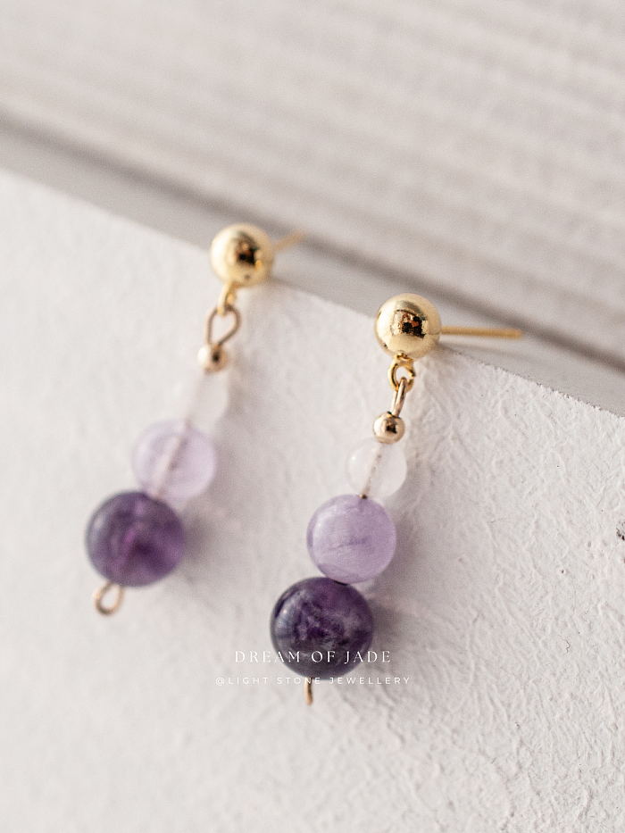 Amethyst & White Jade Earrings with Two-Toned Amethyst Beads and Hetian Jade, Gold-Plated Sterling Silver