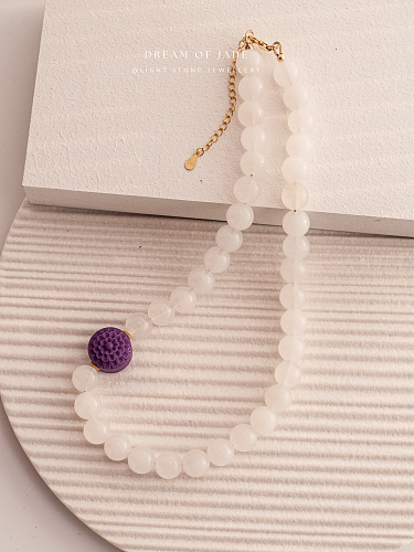 Sunlit Blossom｜Hetian White Jade Necklace | Purple Lepidolite｜Beaded Necklace