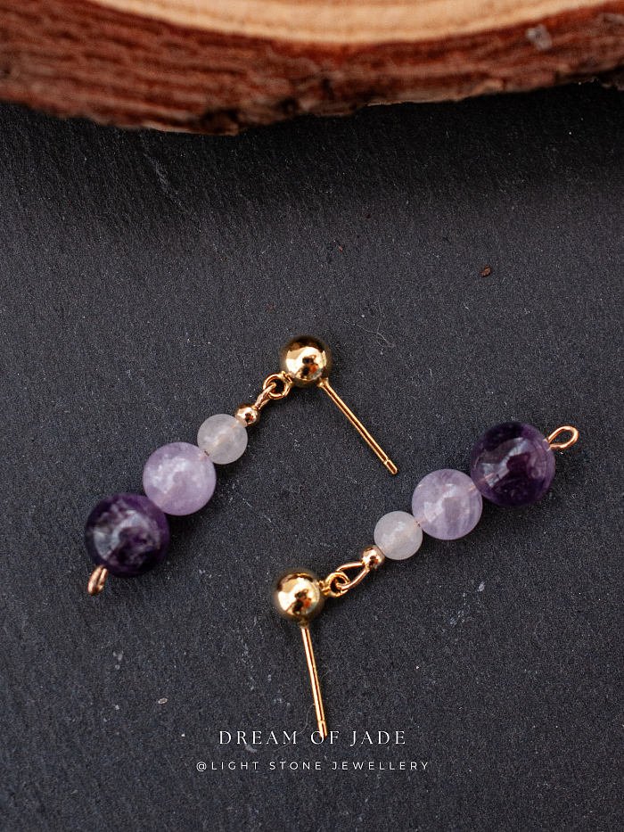 Amethyst & White Jade Earrings with Two-Toned Amethyst Beads and Hetian Jade, Gold-Plated Sterling Silver