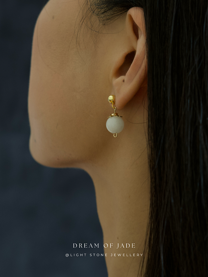 White Dew Earrings with Hetian White Jade and Gold-Plated Sterling Silver, Minimalist Design