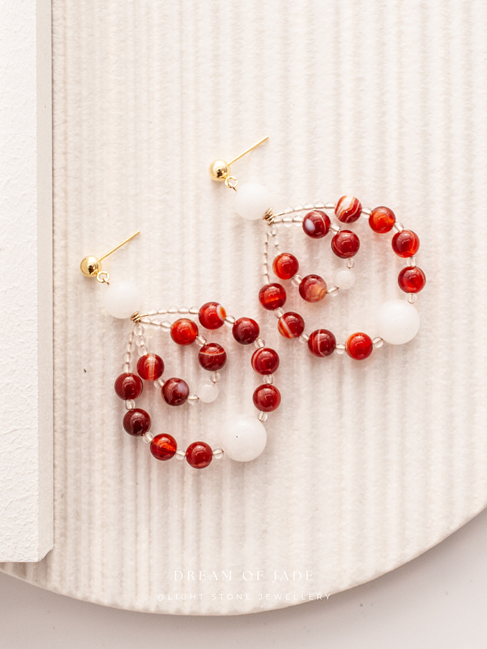 Crimson Weave Earrings with Red Banded Agate and White Jade in a Teardrop Woven Design