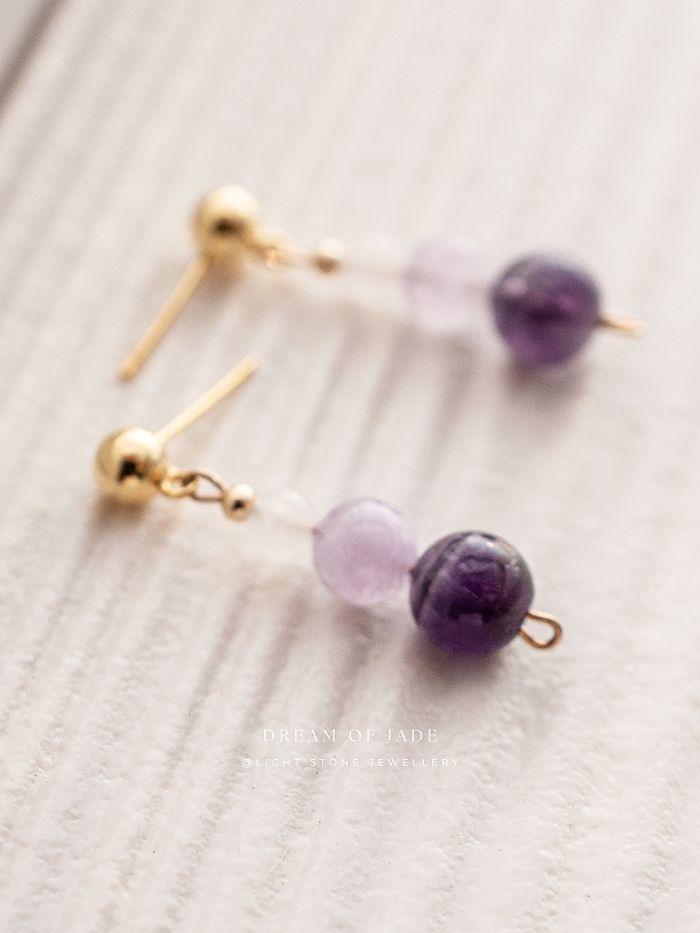 Amethyst & White Jade Earrings with Two-Toned Amethyst Beads and Hetian Jade, Gold-Plated Sterling Silver
