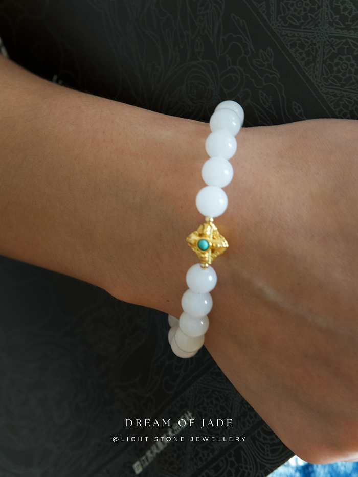 Blessing Bead｜Hetian White Jade Bracelet | Turquoise Inlay｜Gold-Plated Silver