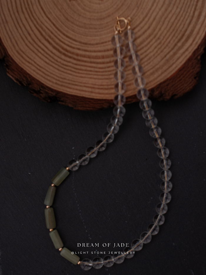 Misty Glimmer Necklace with Hetian Green Jade and Clear Quartz Beads - Handmade Ethereal Jewelry