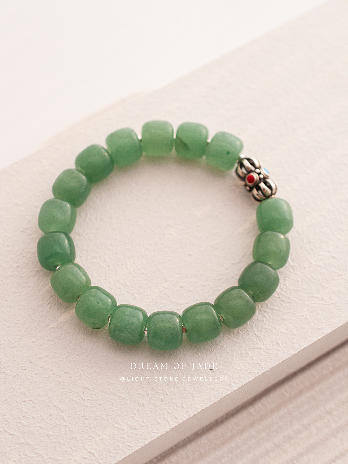 Green Apple｜Aventurine Beaded Bracelet | Dongling Jade｜Tibetan Silver Bead