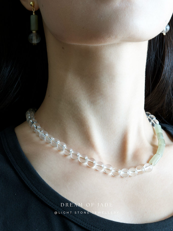 Misty Glimmer Necklace with Hetian Green Jade and Clear Quartz Beads - Handmade Ethereal Jewelry