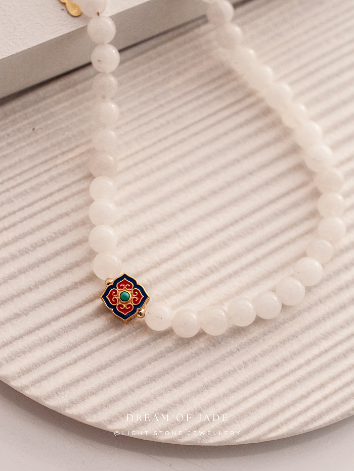 White Jade Blossom Necklace with Hetian Jade and Cloisonné Enamel, Sterling Silver Gold-Plated - Traditional Chinese Craftsmanship