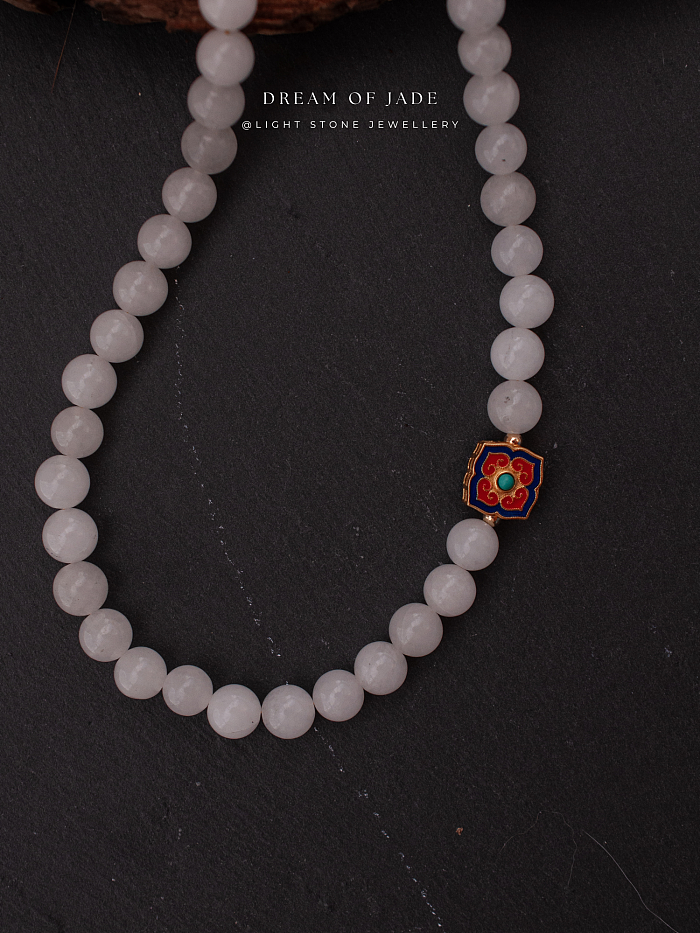 White Jade Blossom Necklace with Hetian Jade and Cloisonné Enamel, Sterling Silver Gold-Plated - Traditional Chinese Craftsmanship