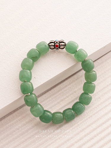 Green Apple｜Aventurine Beaded Bracelet | Dongling Jade｜Tibetan Silver Bead