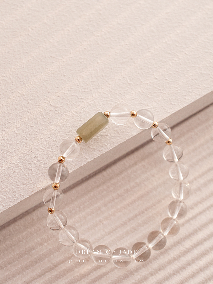 Misty Glimmer Bracelet with Hetian Green Jade, Clear Quartz, and 14k Gold-Filled Spacer Beads - Stretchable Design