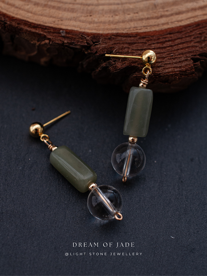 Misty Glimmer Earrings with Hetian Green Jade, Crystal, and Gold-Plated Sterling Silver