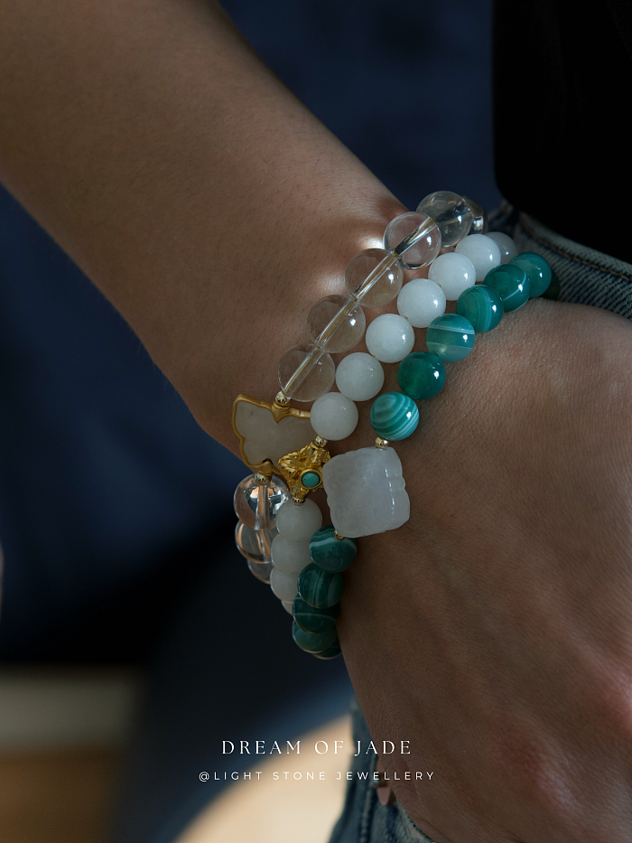 Ethereal Butterfly Bracelet with Hetian White Jade and Clear Quartz Beads, 14k Gold Accents - Handmade Jewelry